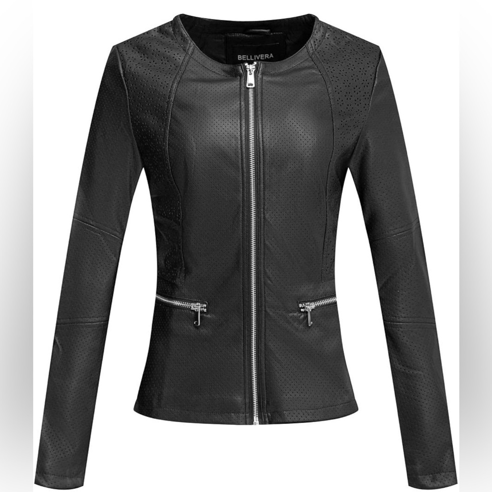 Bellivera Black Faux Leather Moto Jacket – Perforated Detail – Size XL